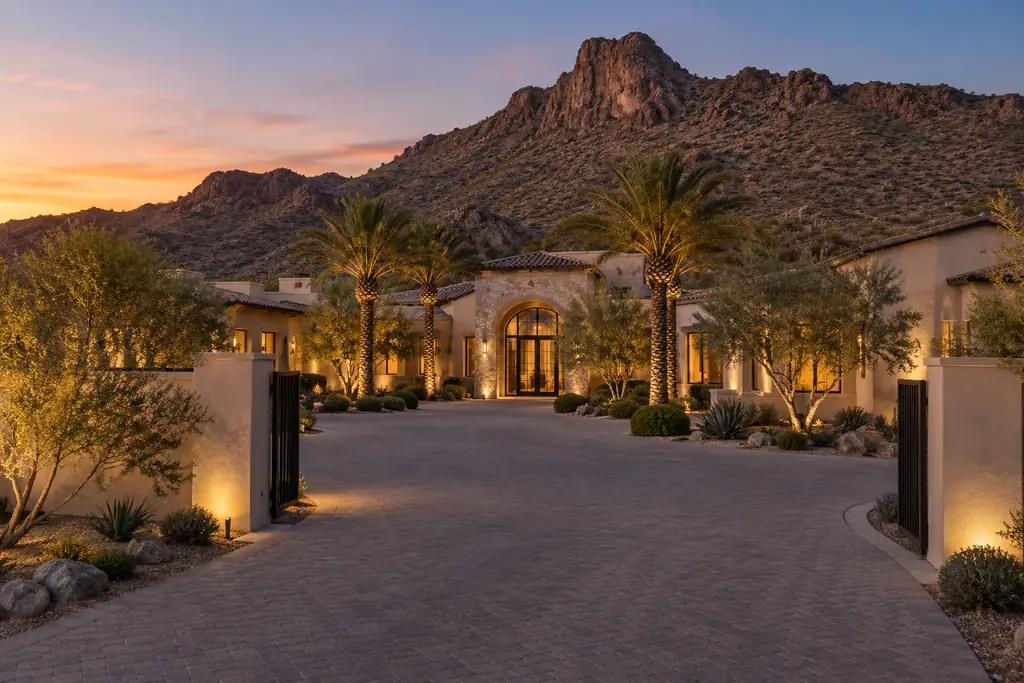 Illustrative image: grand single-story estate with a gated motor court and a desert mountain at dusk