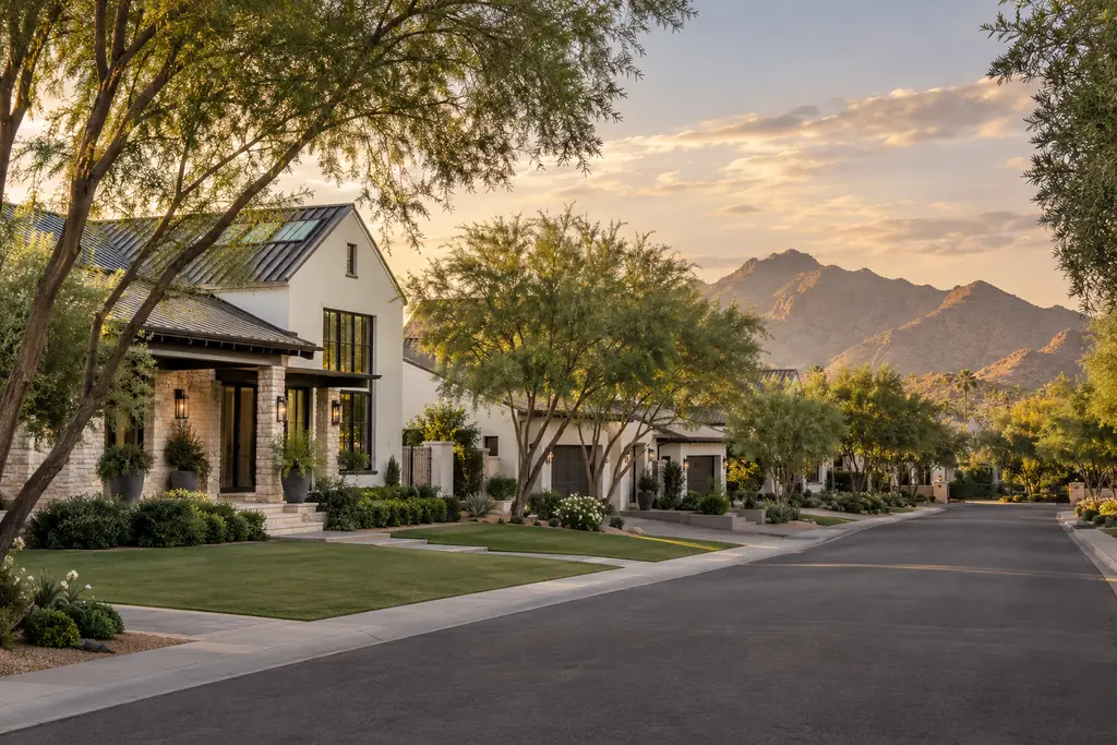 Illustrative image: tree-lined street of modern farmhouse homes in warm evening light