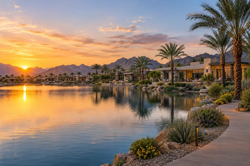 Illustrative image: contemporary homes along a calm community lake at sunset