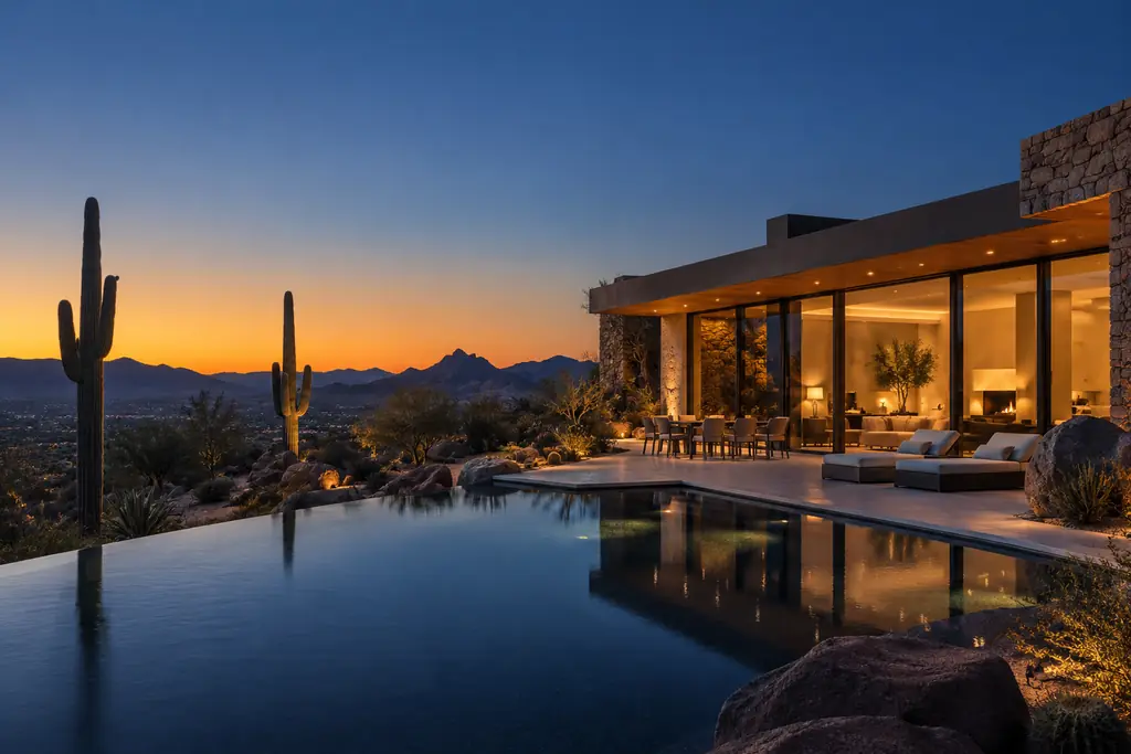 Illustrative image: low desert-contemporary estate at blue-hour twilight with glowing glass walls, an infinity pool and saguaros